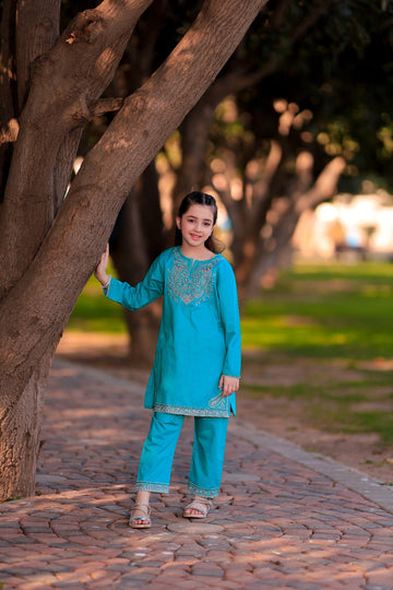 Modern Stitched Motif Embroidered Cotton Co-ord Set In Ferozi