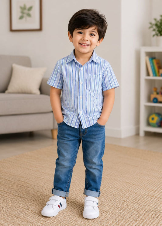 Boys Striped Casual Shirt with Rider Graphic T-Shirt
