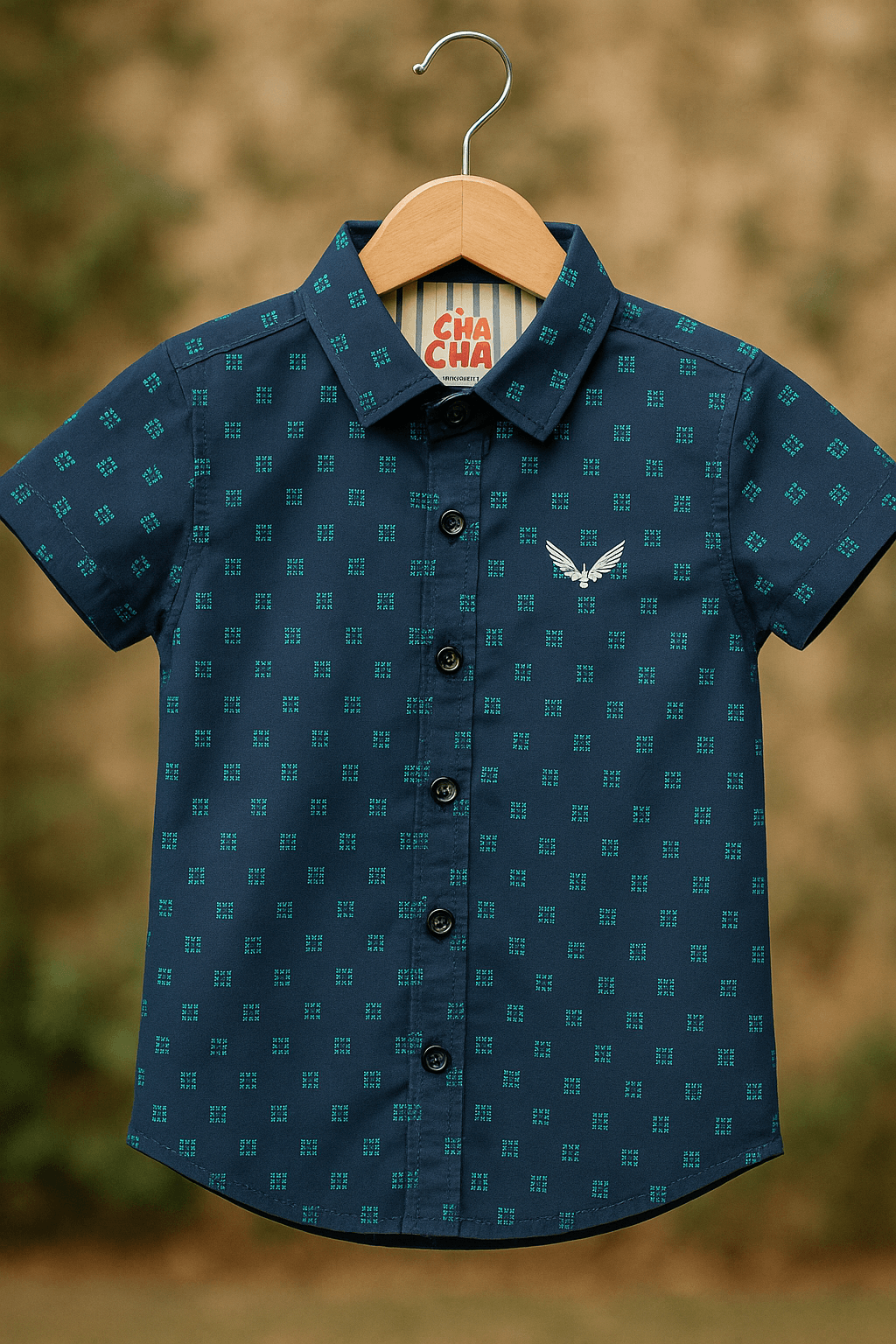 Navy Blue Printed Short Sleeve Shirt with Embroidered Logo