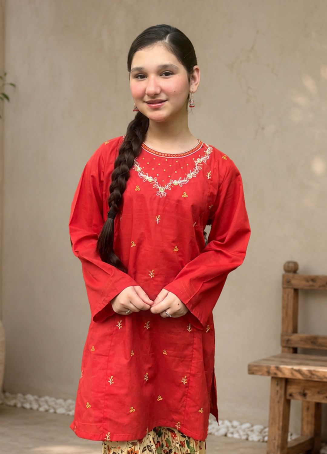 Ruby Red Embroidered Girls Kurti Shirt