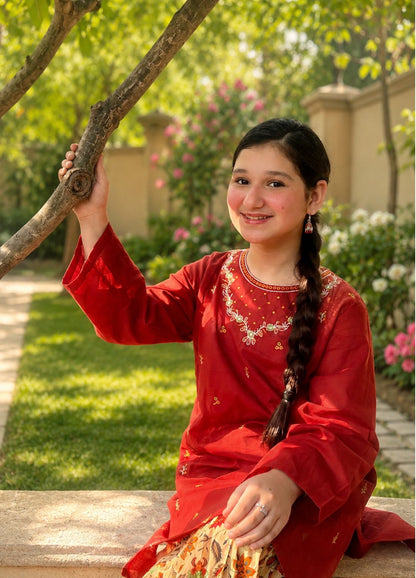Ruby Red Embroidered Girls Kurti Shirt