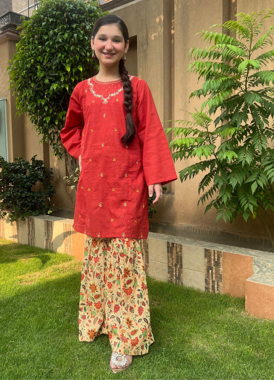 Vibrant Rust Red Embroidered Lawn Suit