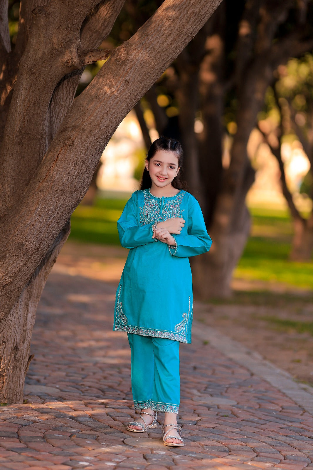Modern Stitched Motif Embroidered Cotton Co-ord Set In Ferozi