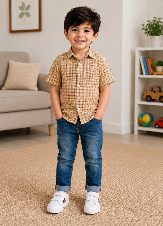 Boys Checkered Casual Shirt with Rider Graphic T-Shirt