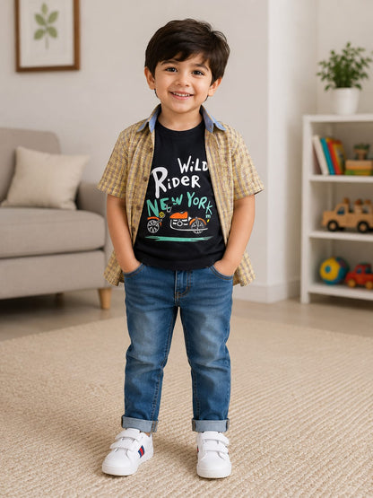 Boys Checkered Casual Shirt with Rider Graphic T-Shirt