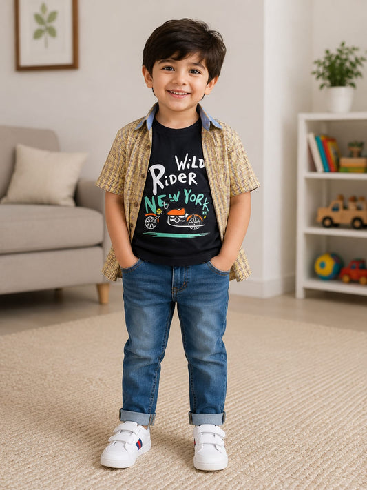 Boys Checkered Casual Shirt with Rider Graphic T-Shirt