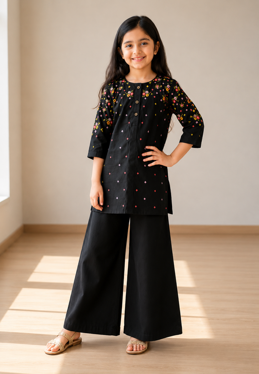Black Bloom Embroidered Top with Plazo