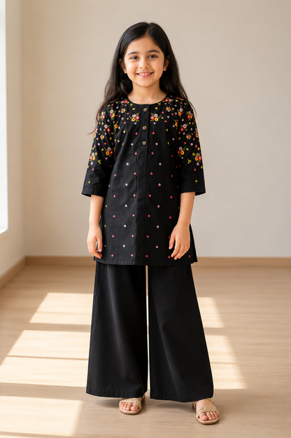 Black Bloom Embroidered Top with Plazo