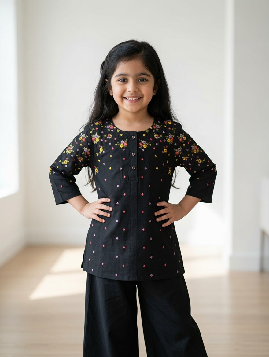 Black Bloom Embroidered Top with Plazo