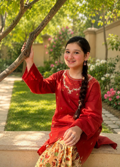 Vibrant Rust Red Embroidered Lawn Suit
