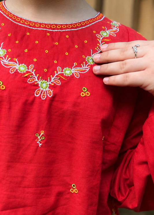 Vibrant Rust Red Embroidered Lawn Suit
