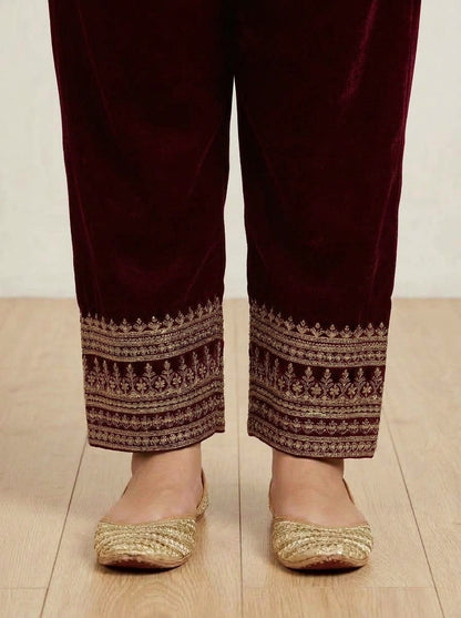 Maroon Velvet Embroidered 3-Piece Suit
