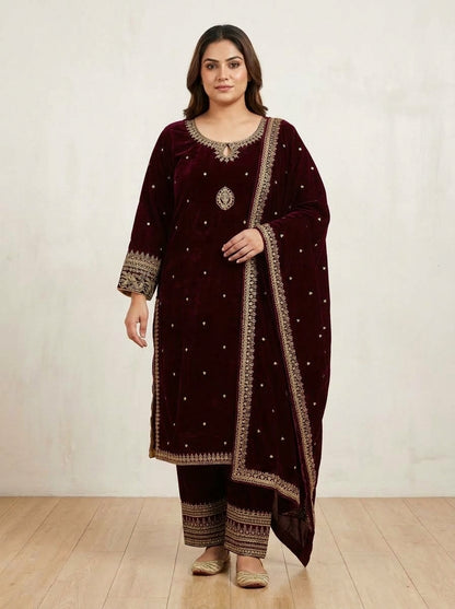 Maroon Velvet Embroidered 3-Piece Suit