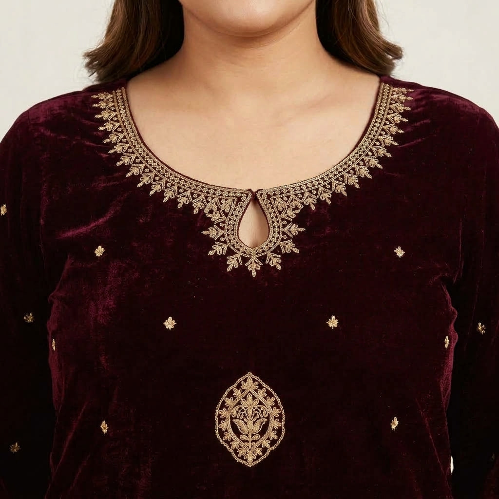 Maroon Velvet Embroidered 3-Piece Suit