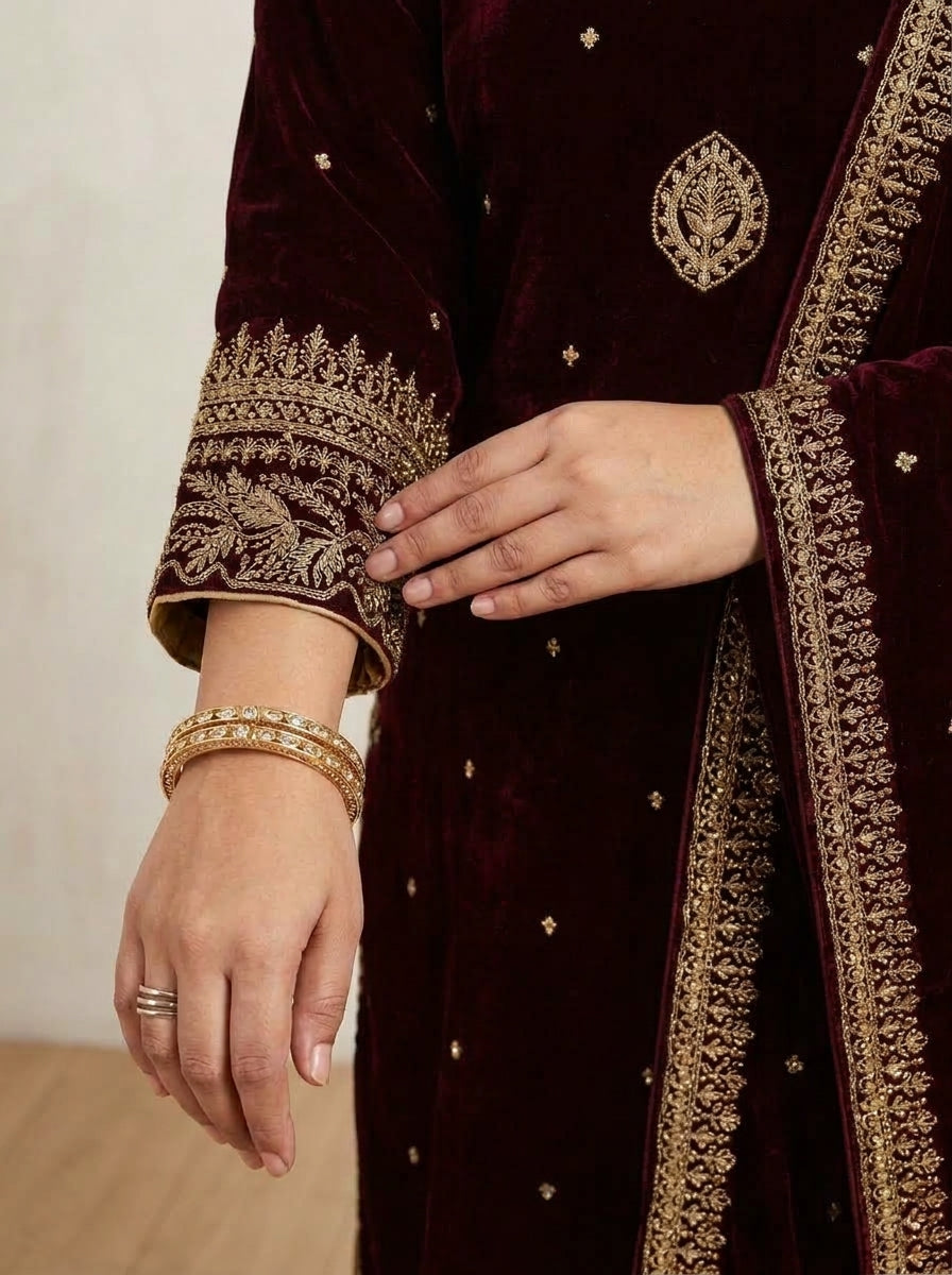 Maroon Velvet Embroidered 3-Piece Suit