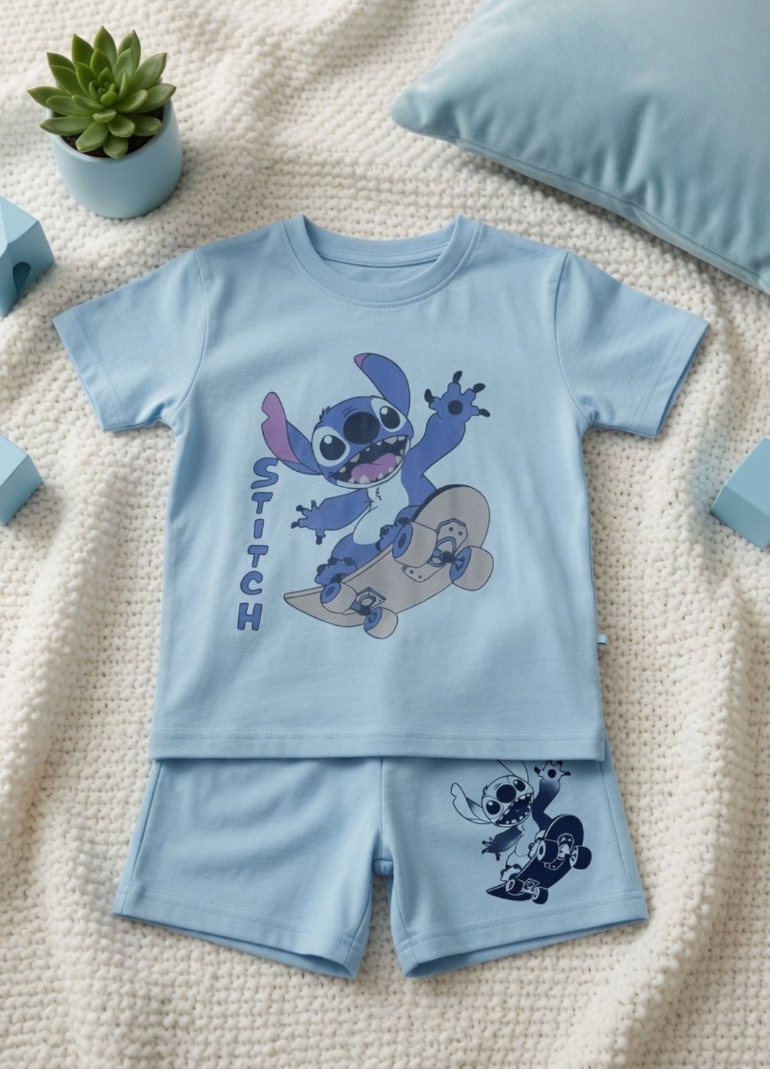 Kids Sky Blue Stitch Summer Co-Ord Set