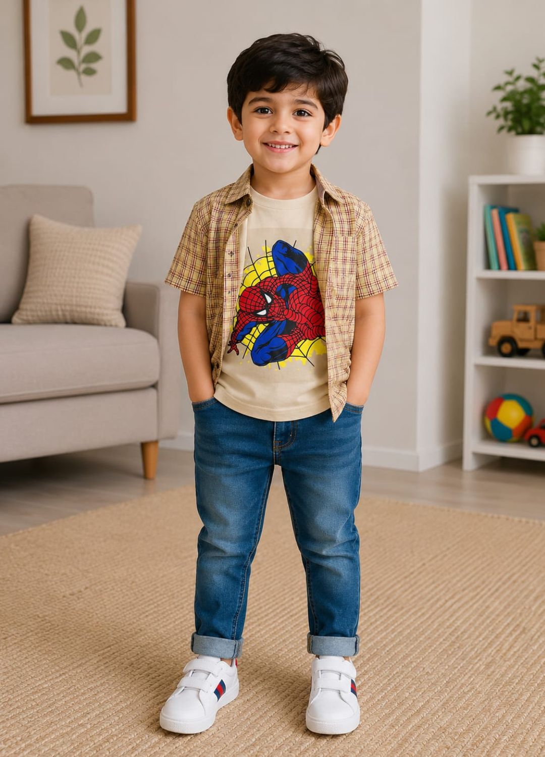 Boys Checkered Casual Shirt with Spider Graphic T-Shirt
