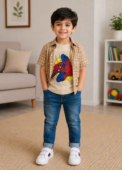 Boys Checkered Casual Shirt with Spider Graphic T-Shirt