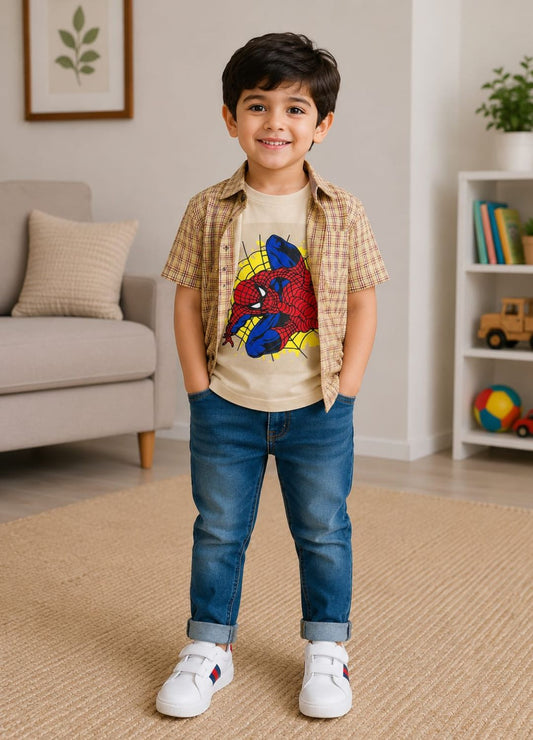 Boys Checkered Casual Shirt with Spider Graphic T-Shirt
