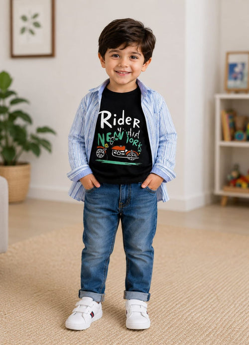 Boys Striped Casual Shirt with Rider Graphic T-Shirt
