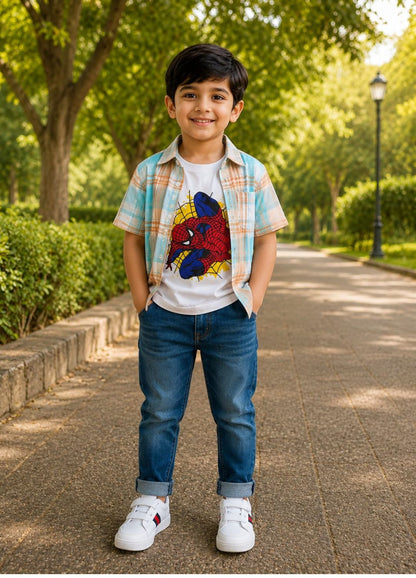 Boys Checkered Casual Shirt with Spider Graphic T-Shirt