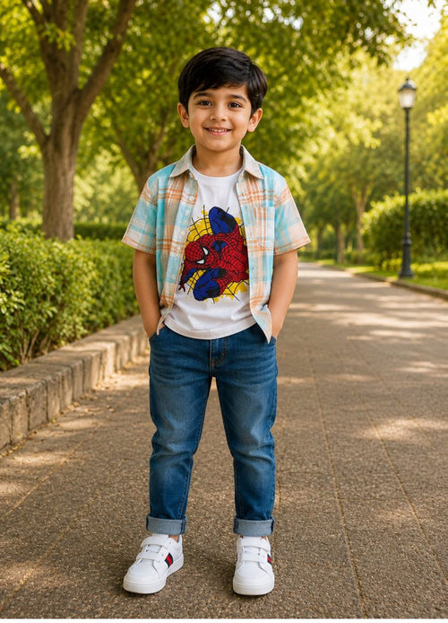 Boys Checkered Casual Shirt with Spider Graphic T-Shirt