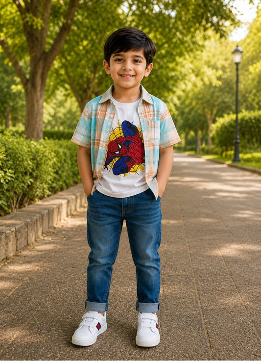 Boys Checkered Casual Shirt with Spider Graphic T-Shirt