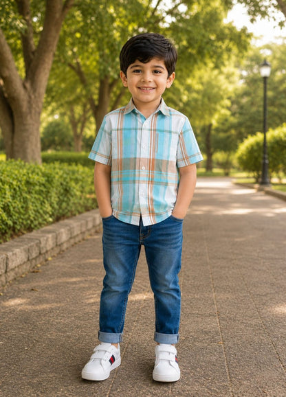 Boys Checkered Casual Shirt with Spider Graphic T-Shirt