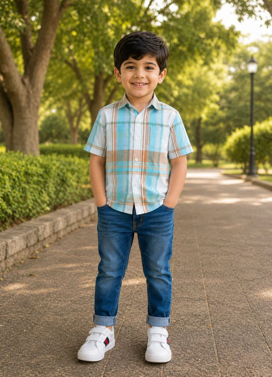 Boys Checkered Casual Shirt with Spider Graphic T-Shirt