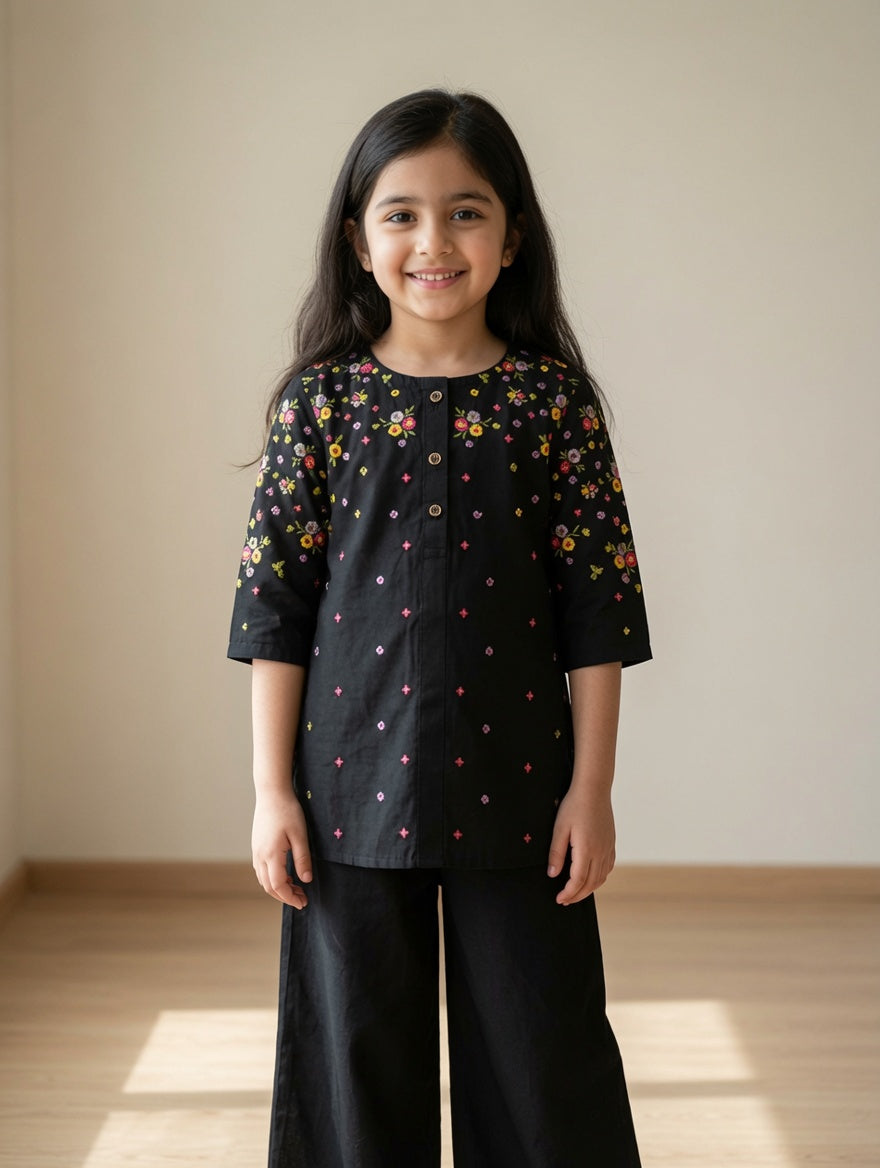 Black Bloom Embroidered Top with Plazo