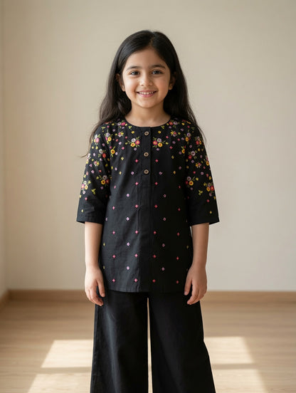 Black Bloom Embroidered Top with Plazo